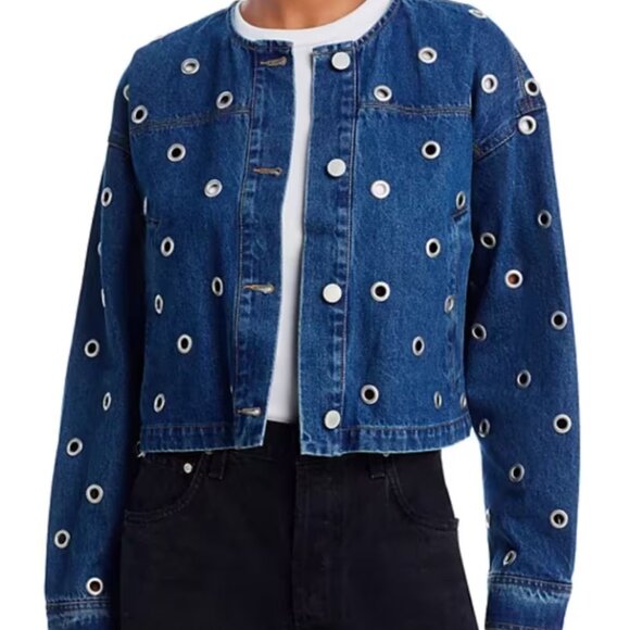 Grommet Eyelet Hollow Out Medium Blue Denim Jacket Size L - Picture 2 of 3
